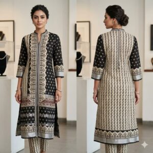 handblock print linen suit with zari border (click here for more options)