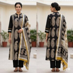 NEW ARRIVALS handblock print linen suit with zari border (click here for more options)