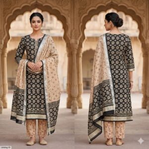 NEW ARRIVALS handblock print linen suit with zari border (click here for more options)