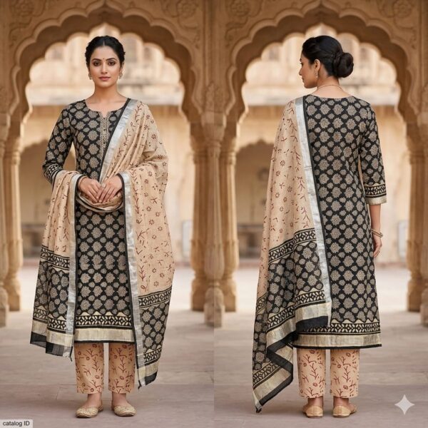 handblock print linen suit with zari border (click here for more options)