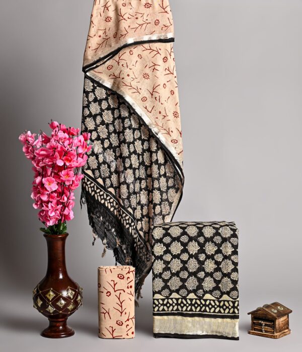 handblock print linen suit with zari border (click here for more options)
