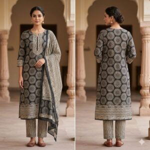 NEW ARRIVALS handblock print linen suit with zari border (click here for more options)