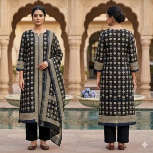 NEW ARRIVALS handblock print linen suit with zari border (click here for more options)