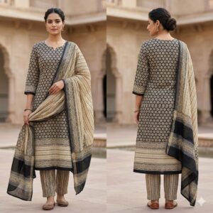 NEW ARRIVALS handblock print linen suit with zari border (click here for more options)