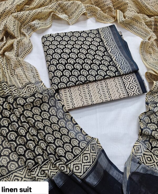 handblock print linen suit with zari border (black)