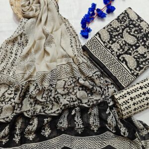 cotton handblock print suit with chiffon dupatta