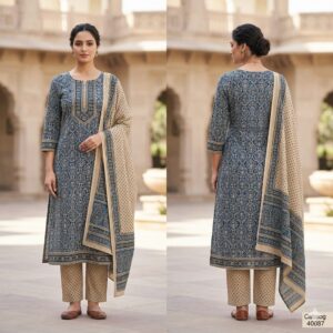 NEW ARRIVALS handblock print linen suit with zari border (black beige) (copy)