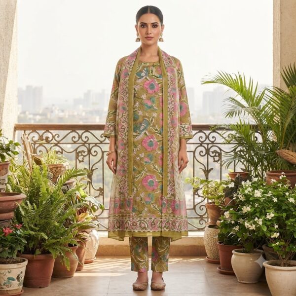 handblock print with chiffon dupatta (sky blue)