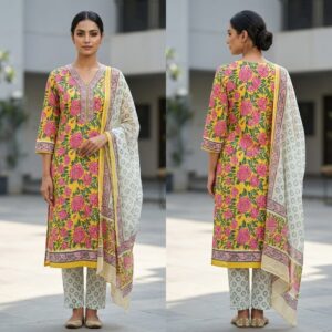handblock print with chiffon dupatta (yellow pri)