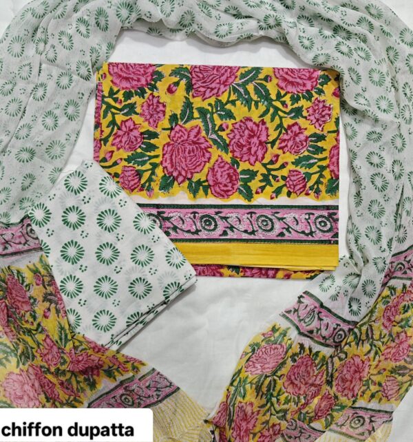handblock print with chiffon dupatta (yellow pri)