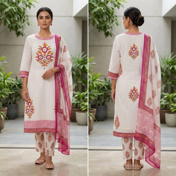 handblock print with chiffon dupatta (whi)