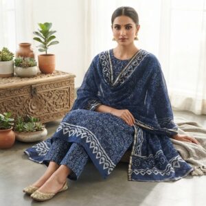 handblock print chanderi silk (green white printed)