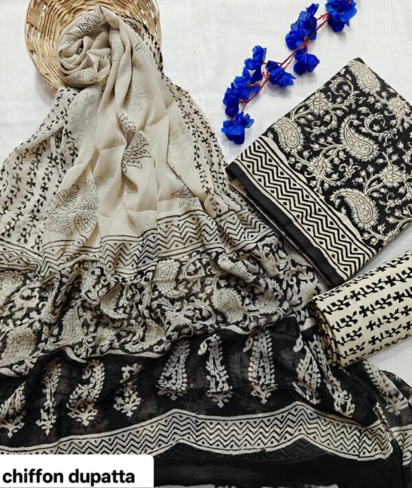 handblock print with chiffon dupatta (beige floral printed)