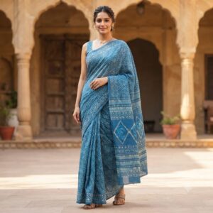 NEW ARRIVALS handblock print mul cotton sarees (pink with green border)