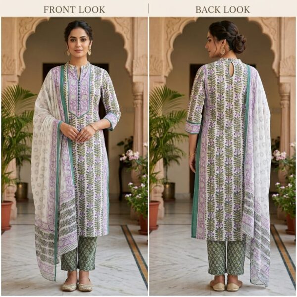 handblock print with chiffon dupatta (white with green)
