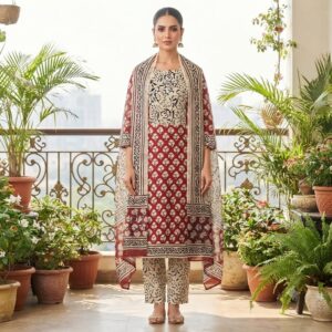 NEW ARRIVALS handblock print with chiffon dupatta (beige printed)