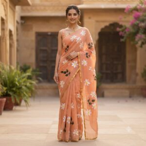 NEW ARRIVALS handblock print chiffon sarees(orange)