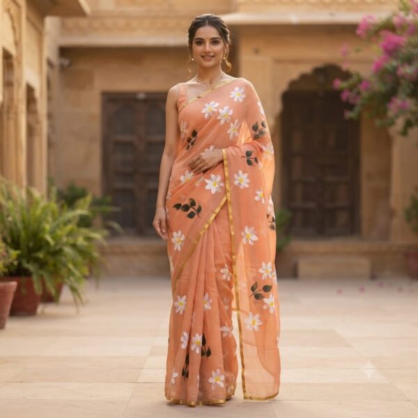 handblock print chiffon sarees(orange)