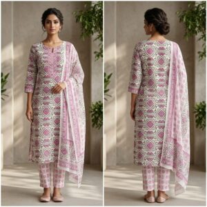 handblock print with chiffon dupatta (white with pink lines)