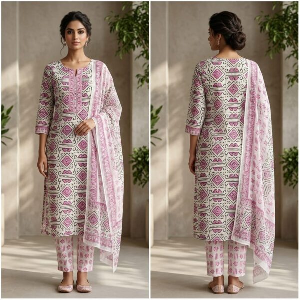 handblock print with chiffon dupatta (white with pink lines)