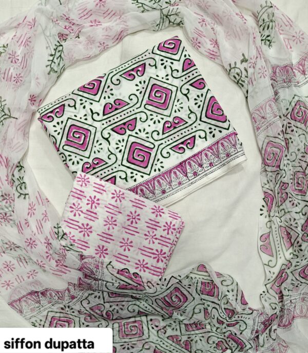 handblock print with chiffon dupatta (white with pink lines)