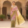 handblock print chiffon sarees(beige with green border)