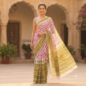NEW ARRIVALS handblock print chiffon sarees(beige with green border)