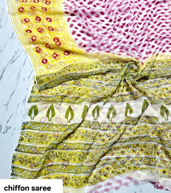 handblock print chiffon sarees(beige with green border)