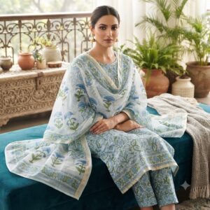handblock print chanderi silk (green paisley printed)
