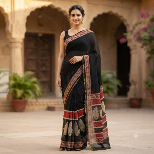 handblock print chiffon sarees(light green)