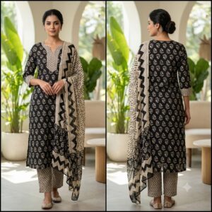 Handblock Print With Chiffon Dupatta (Black Printed)