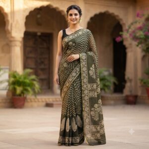 NEW ARRIVALS handblock print chiffon sarees(brown)
