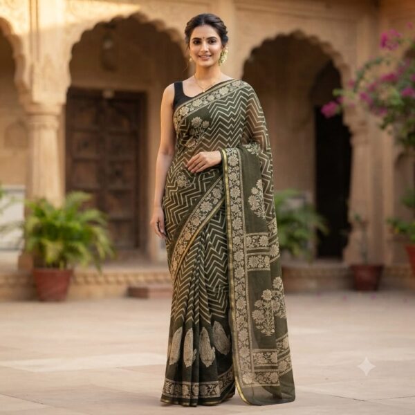 handblock print chiffon sarees(brown)