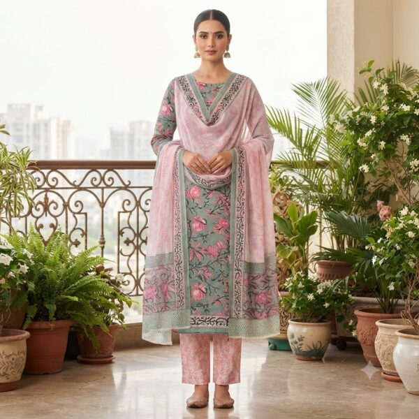 handblock print with chiffon dupatta (light purple)