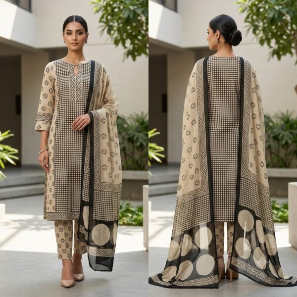 handblock print with chiffon dupatta (white with pink lines) (copy)