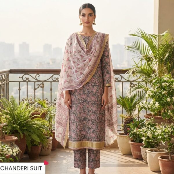 handblock print chanderi silk (purple floral printed fashor)