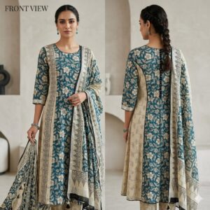 NEW ARRIVALS handblock print linen suit with zari border (black beige) (copy)