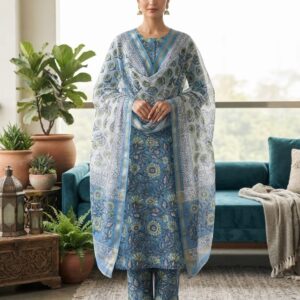 handblock print chanderi silk (teal blue)