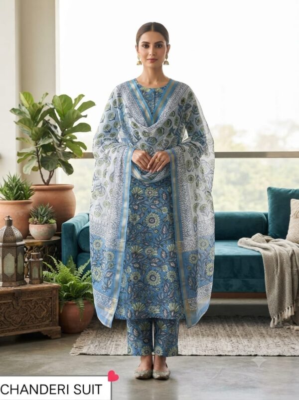 handblock print chanderi silk (teal blue)