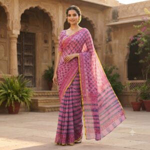 NEW ARRIVALS handblock print chiffon sarees(white with blue)