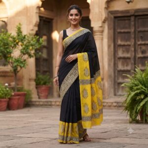 NEW ARRIVALS handblock print mul cotton sarees (blue with black border)