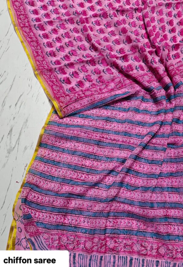 handblock print chiffon sarees(white with blue)
