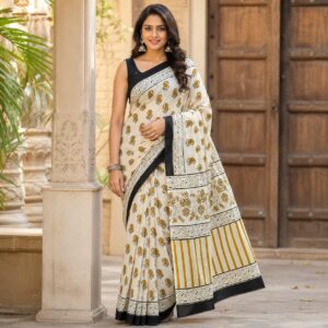 NEW ARRIVALS handblock print mul cotton sarees (green floral printed)