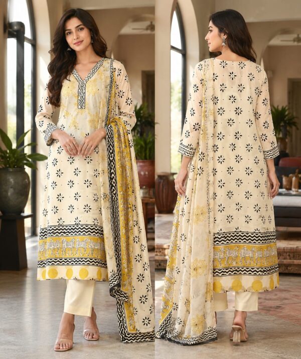 handblock print with chiffon dupatta (white with pink lines) (copy)