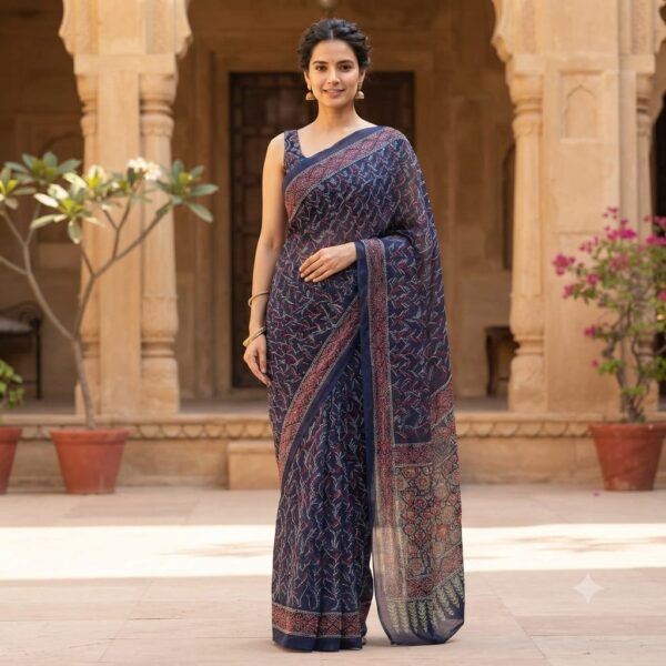 handblock print chiffon sarees(green)