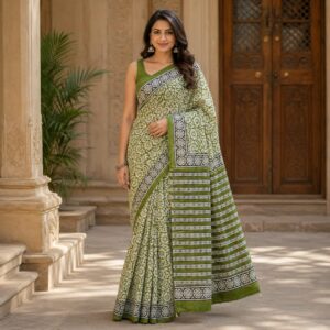 NEW ARRIVALS handblock print mul cotton sarees (blue floral print)