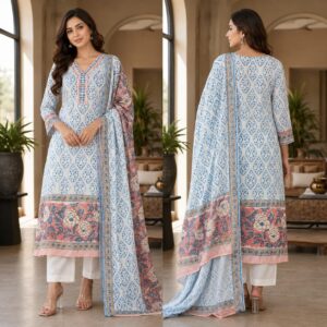handblock print with chiffon dupatta (white with pink lines) (copy)