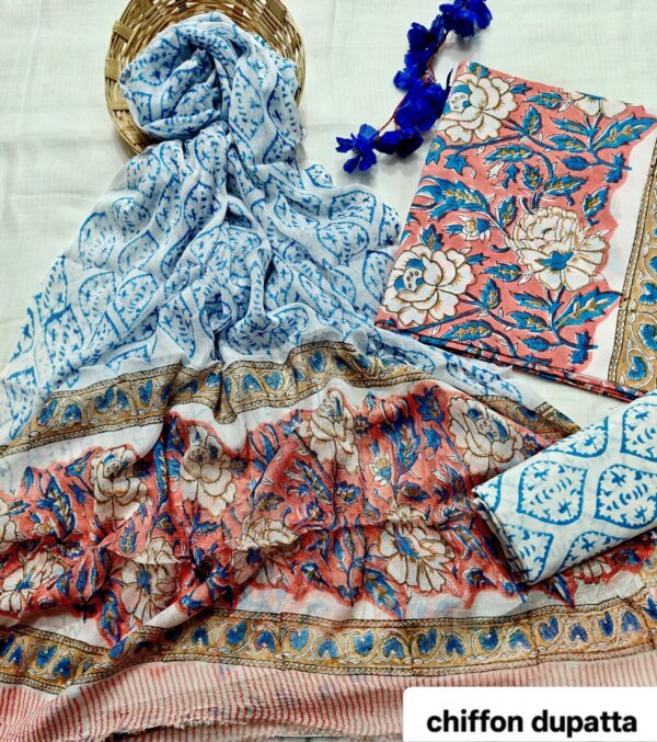handblock print with chiffon dupatta (white with pink lines) (copy)