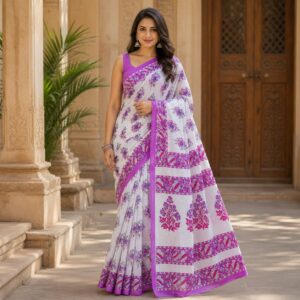 NEW ARRIVALS handblock print mul cotton sarees (red with navy blue)
