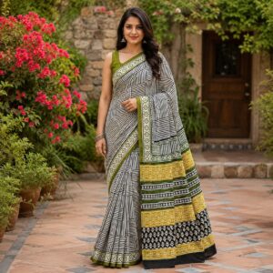 NEW ARRIVALS handblock print mul cotton sarees (black with pink)